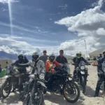 D'Himalayan Riders group with Royal Enfield Himalayans on a Himalayan motorcycle tour in Ladakh